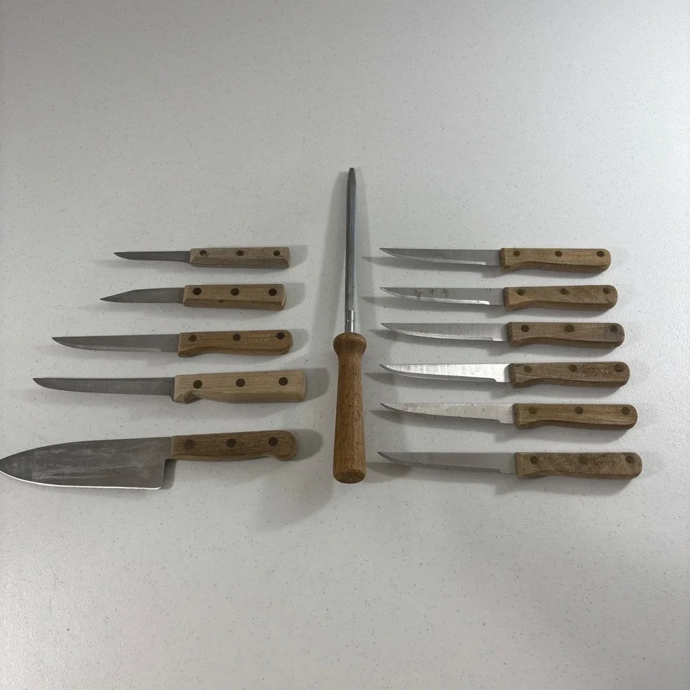 Vintage Chicago Cutlery 12 Piece Knife Set Walnut Wood Handle Sharpening Steel